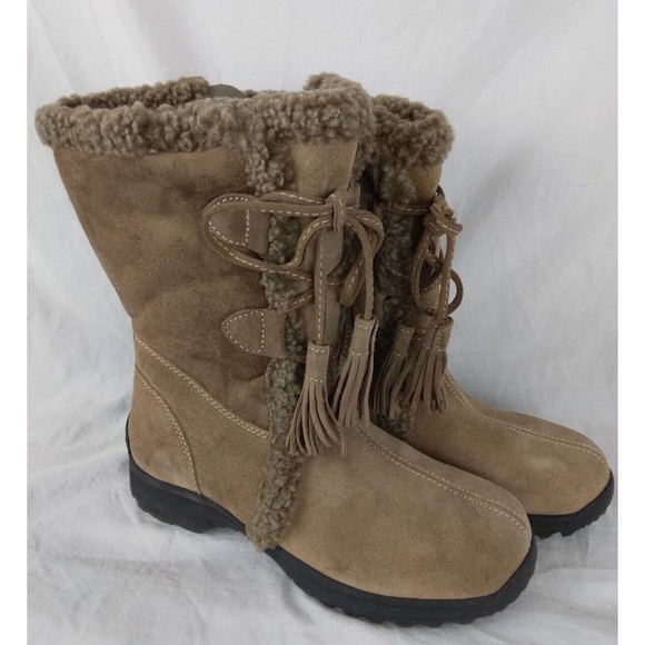 Lands' End Shoes - Lands' End Tan Suede Leather Boots Fleece Lining Zip Up Mid Calf Womens Size 7B